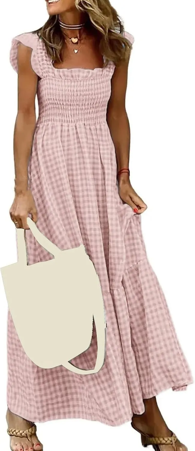 Womens Summer Dress Spaghetti Strap Maxi Dresses Casual Square Neck Gingham Smocked Flowy A Line Beach Sun Dresses