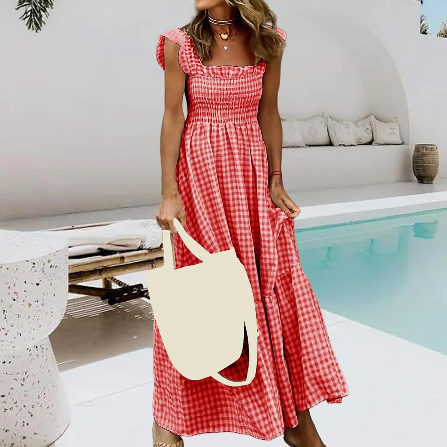 Womens Summer Dress Spaghetti Strap Maxi Dresses Casual Square Neck Gingham Smocked Flowy A Line Beach Sun Dresses
