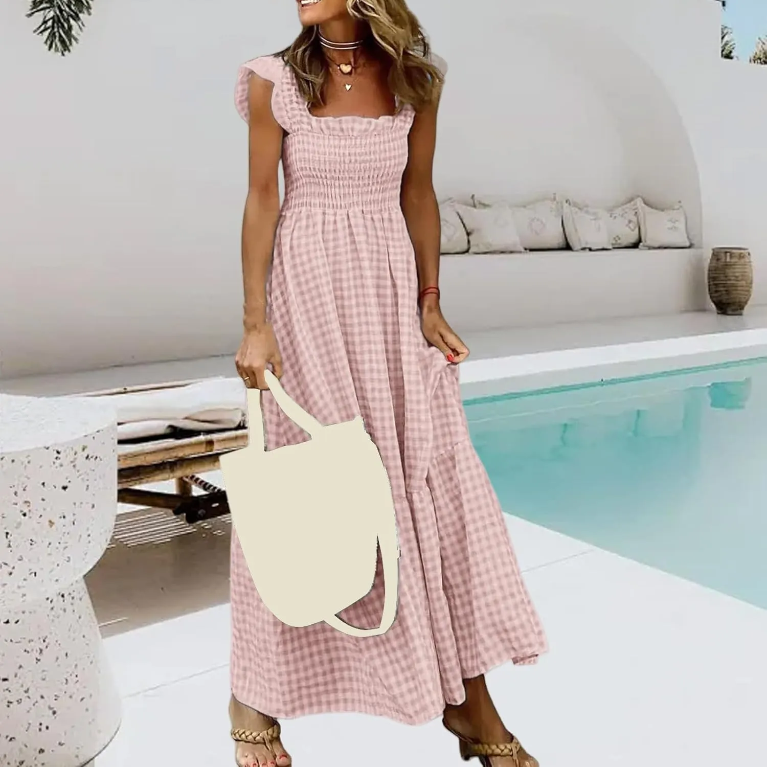 Womens Summer Dress Spaghetti Strap Maxi Dresses Casual Square Neck Gingham Smocked Flowy A Line Beach Sun Dresses