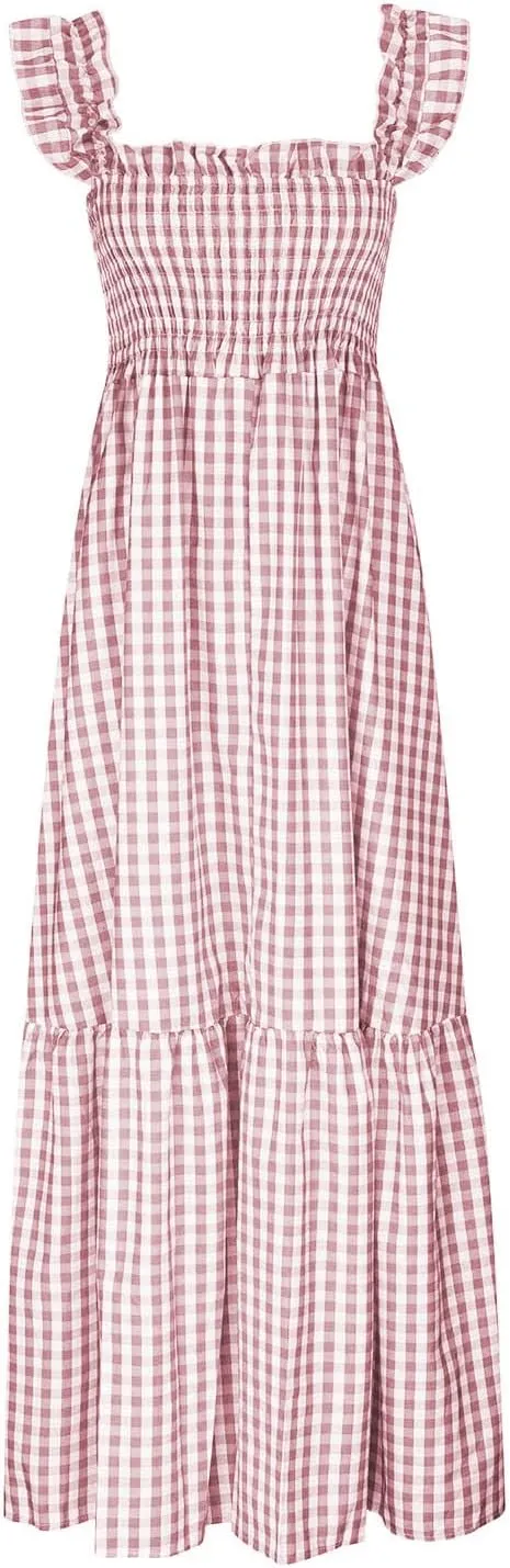 Womens Summer Dress Spaghetti Strap Maxi Dresses Casual Square Neck Gingham Smocked Flowy A Line Beach Sun Dresses
