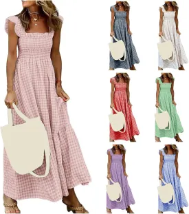 Womens Summer Dress Spaghetti Strap Maxi Dresses Casual Square Neck Gingham Smocked Flowy A Line Beach Sun Dresses