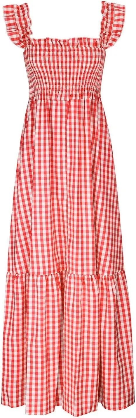 Womens Summer Dress Spaghetti Strap Maxi Dresses Casual Square Neck Gingham Smocked Flowy A Line Beach Sun Dresses