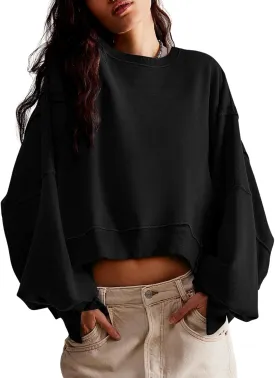 Zwurew Womens Casual Sweatshirt Long Sleeve Tops Crewneck Loose Fit Tee Pullover Crop Tshirt Side Slit Fall Fashion 2024